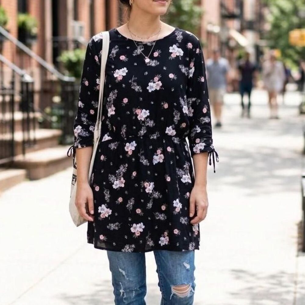 H&M Divided Black Floral Tunic/Mini Dress Top - Size 14 layered cottagecore